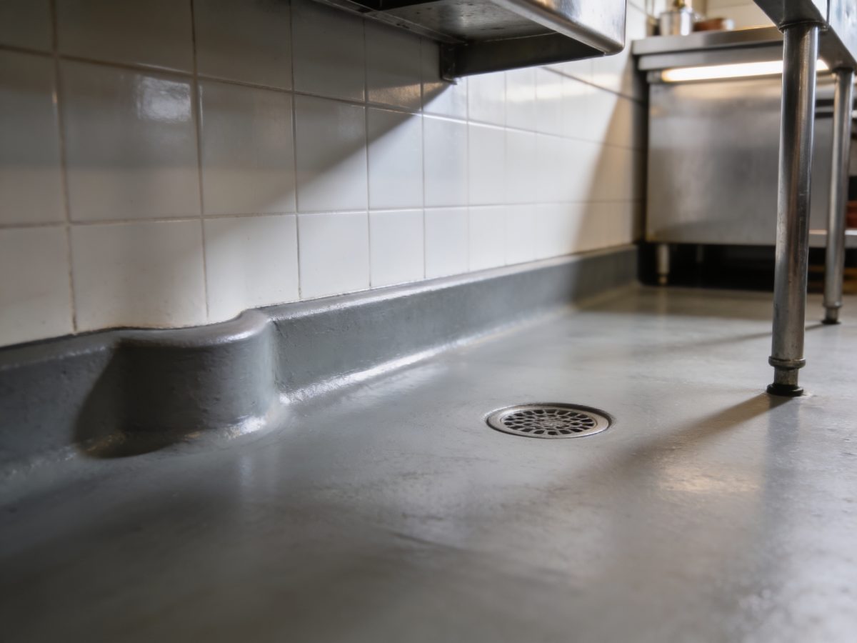 A commercial kitchen floor in seamless urethane cement with a coved base and a floor drain