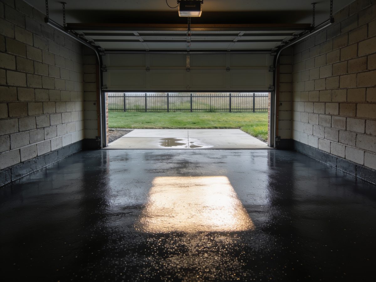 A single-bay attached garage with a warm charcoal full-flake floor coating reflecting the open overhead door