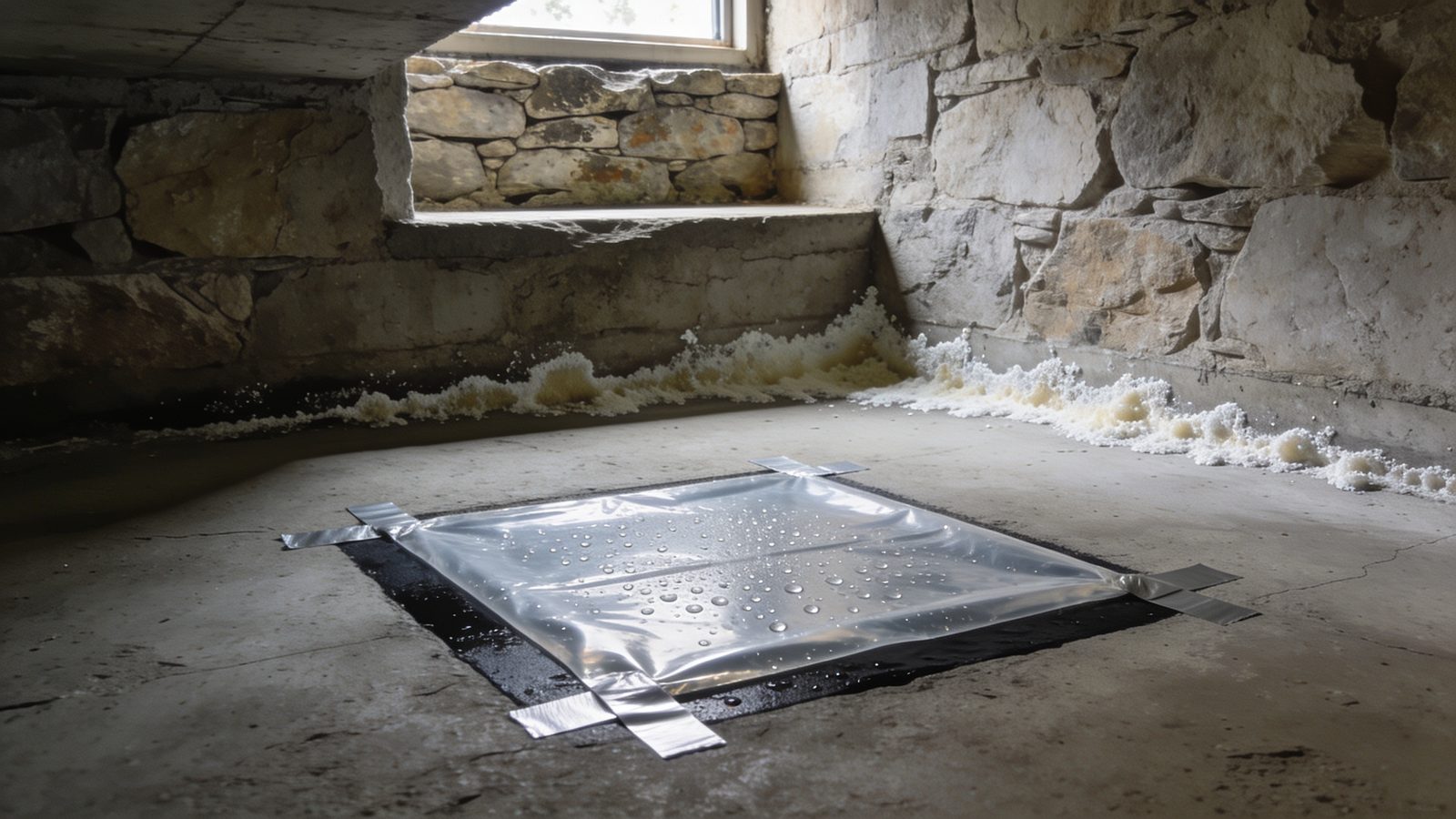 A bare basement slab with a square of clear plastic taped flat to it and condensation beaded underneath, a pale efflorescence bloom at the base of a weathered limestone wall