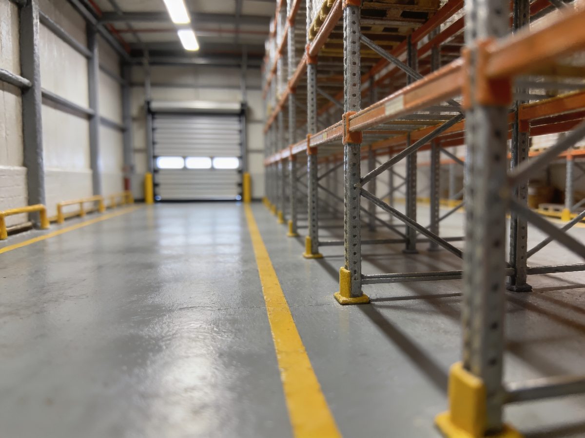 A warehouse bay with a high-build epoxy floor, steel racking and yellow safety lane striping