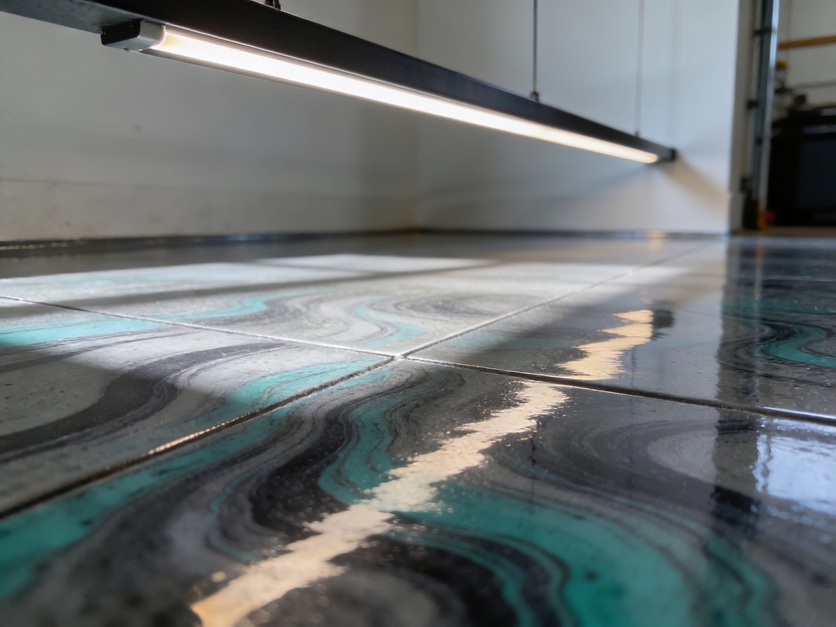 A metallic epoxy floor in charcoal and teal pigments under a high-gloss topcoat
