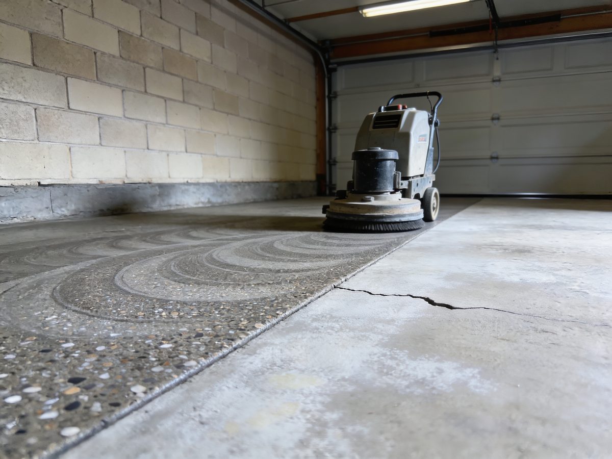 A slab part way through diamond grinding, freshly ground concrete meeting old sealed concrete with a chalky efflorescence bloom