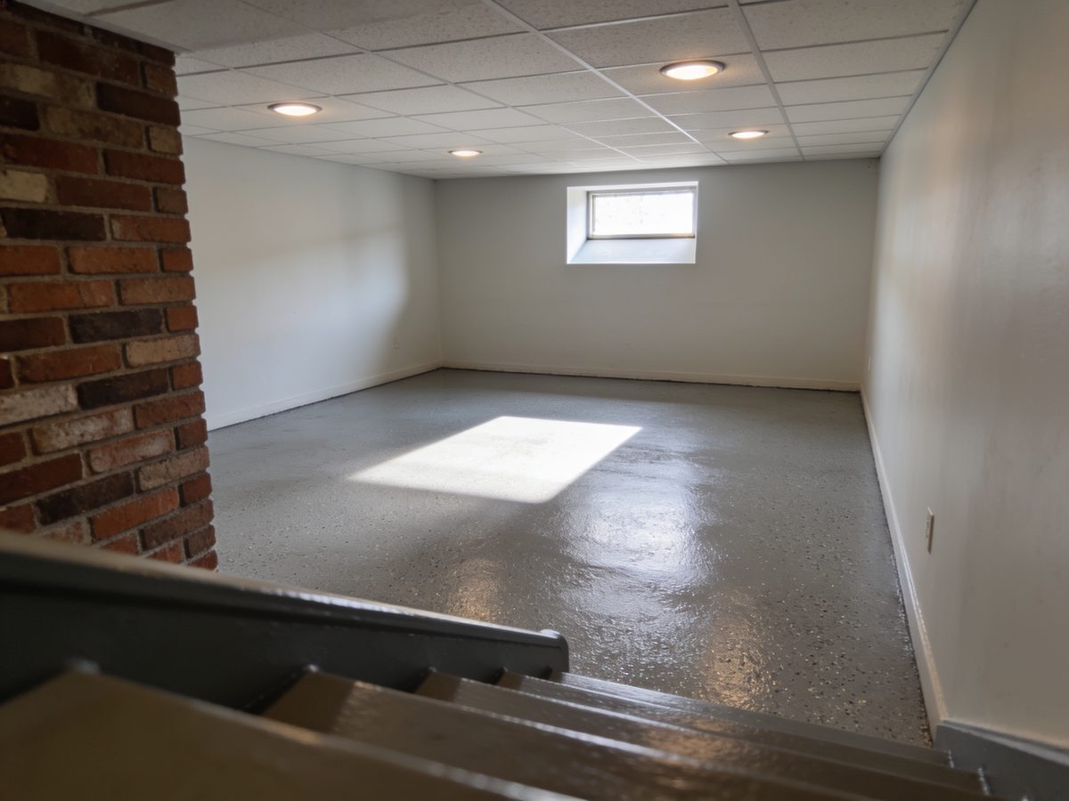 A basement family room with a warm grey flake floor coating, a painted stair and a window well throwing daylight across the floor